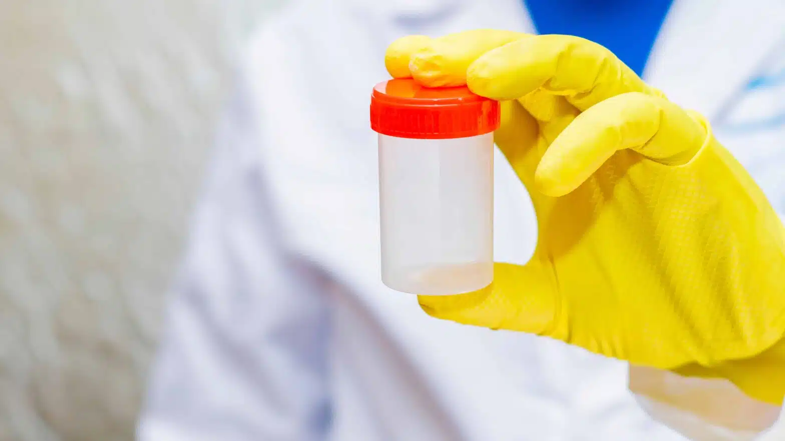 A gloved hand holds a urine test cup - Can You Still Get Hired After A Failed Drug Test