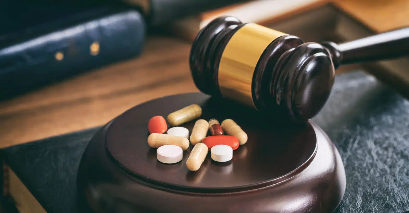 A gavel lays next to a pile of pills on a gavel block - What Is Drug Court